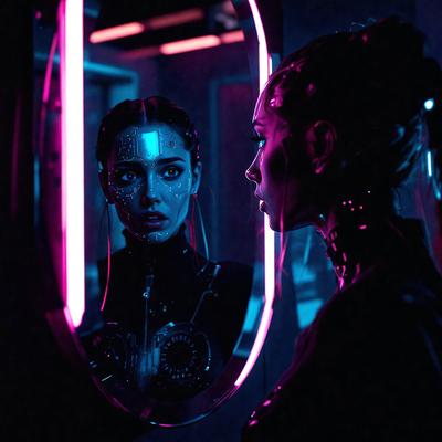 The primary subject of the image is a woman with a futuristic appearance, wearing a black outfit and a silver helmet. She is looking at her reflection in a mirror, which is placed in a room with a pink glow. The setting appears to be a futuristic environment, possibly a club or a similar venue. The visual style of the image is a combination of photo and digital art, creating a unique and intriguing atmosphere. The dominant colors in the image are pink and silver, which contribute to
